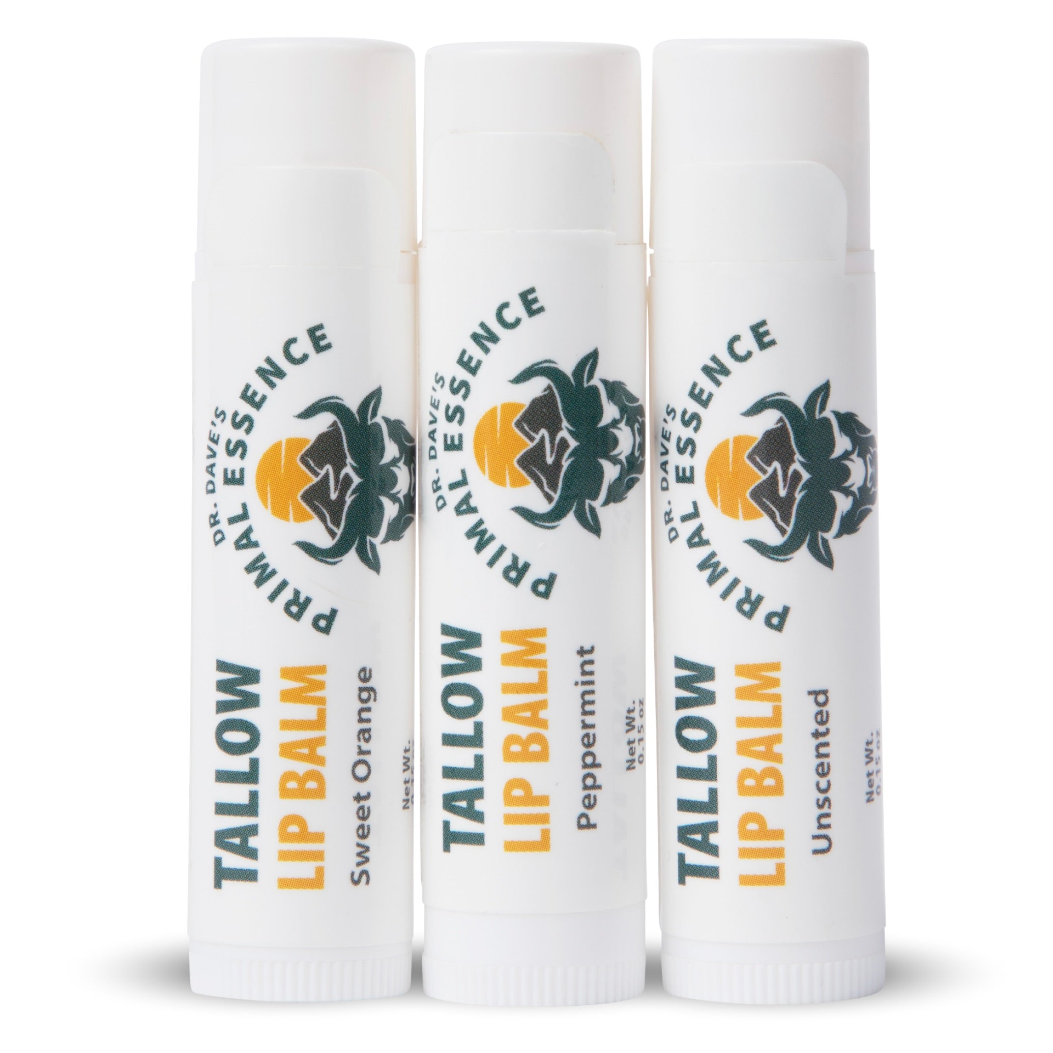 Three tubes of Dr. Lew's Primal Essence tallow lip balm, peppermint flavor.