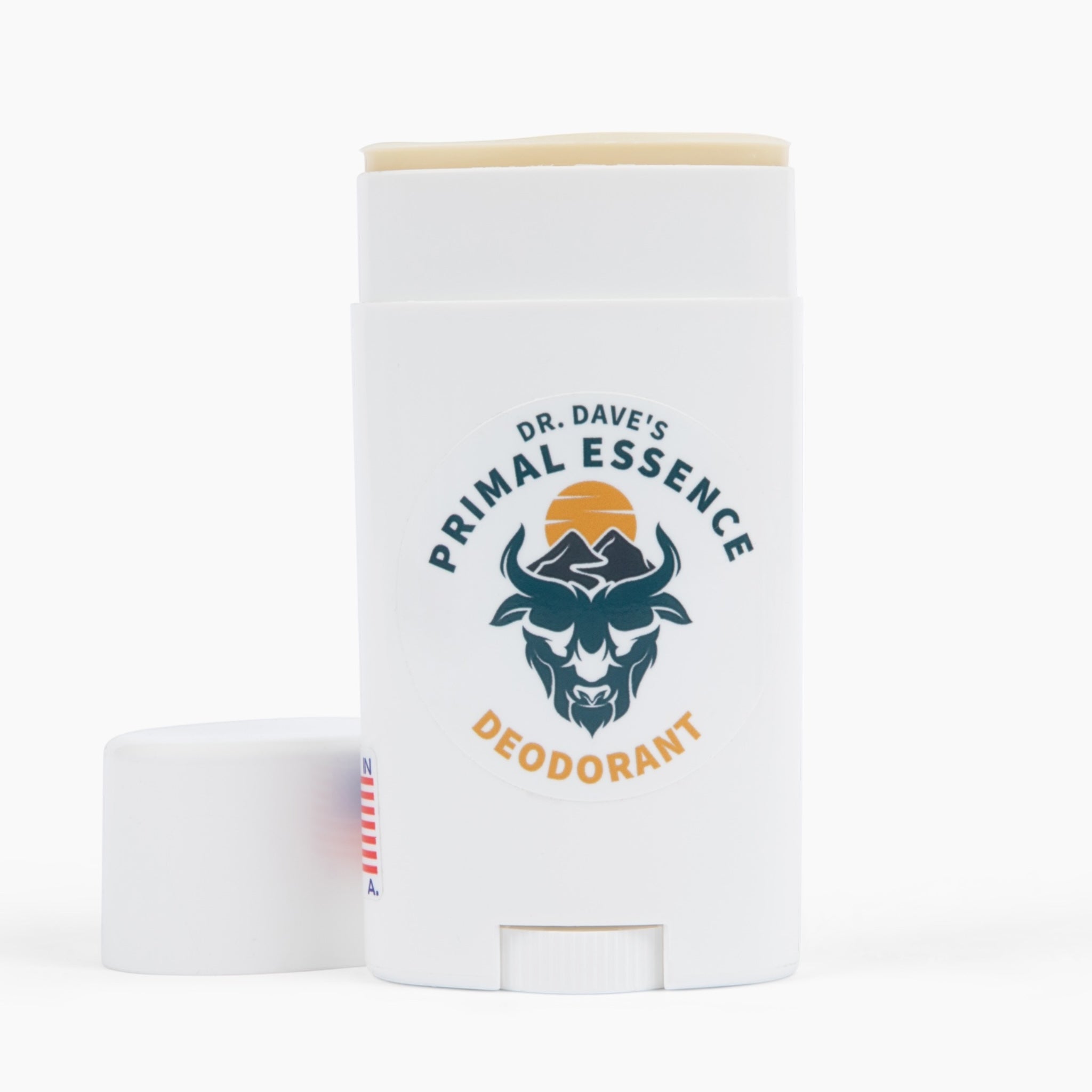 Stick of Primal Essence deodorant with cap off, featuring a stylized bull logo.